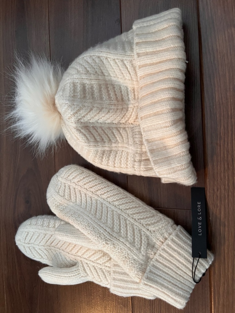 Love & Lore Women's Cream Knit Beanie with Pom & Mittens Set